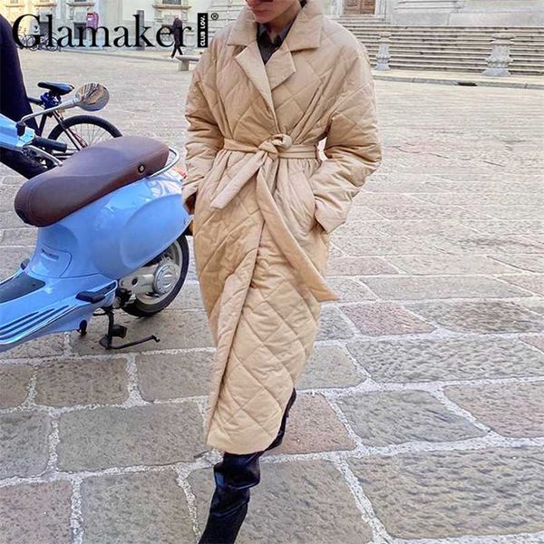 

glamaker casual rhombus printed women winter parka long deep pockets straight coat female tailored collar outerwear 211018, Black