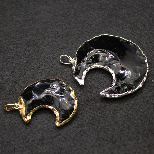 

pendant necklaces natural quartz crescent moon long rock raw crystal pendulum ore mineral black obsidian stone necklace healing, Silver