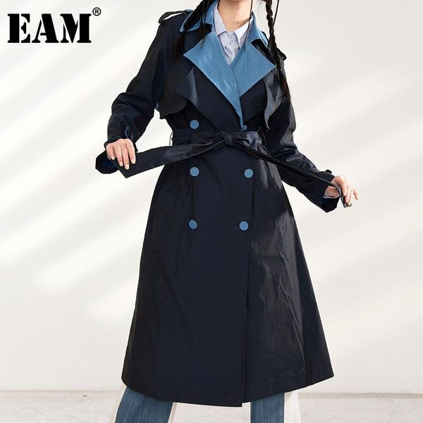

women's trench coats [eam] women contrast color blue long big size lapel sleeve loose fit windbreaker fashion spring 2021 jo55305, Tan;black