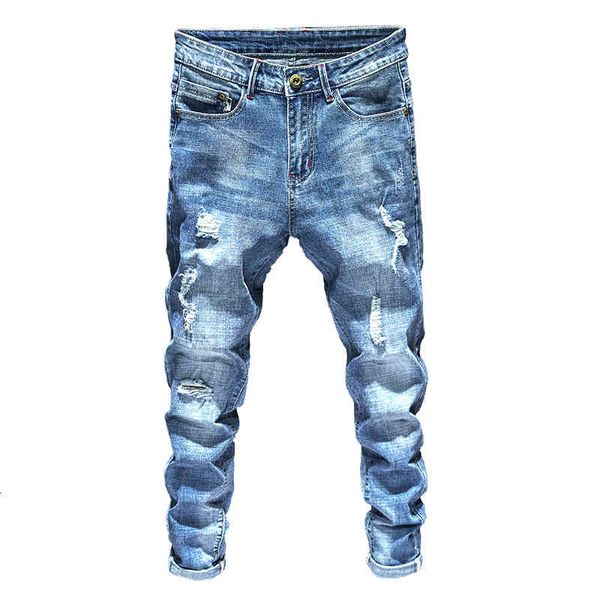 

jeans spring summer fashion stone washed scratched holes men denim italian long pants male trousers, Blue