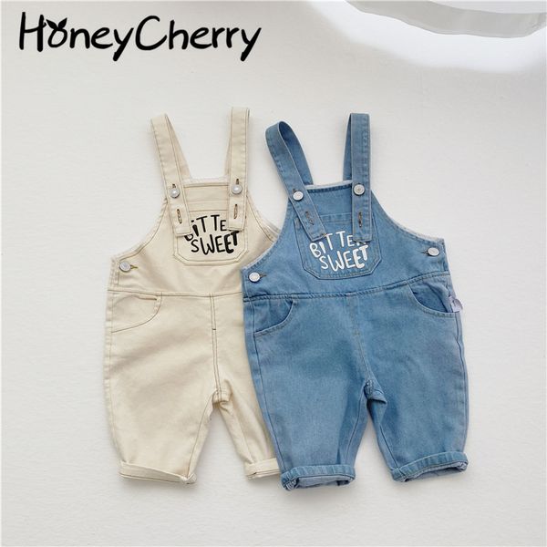 

spring korean boys and girls baby infant letters pocket loose denim overalls kids clothes 210515, Blue