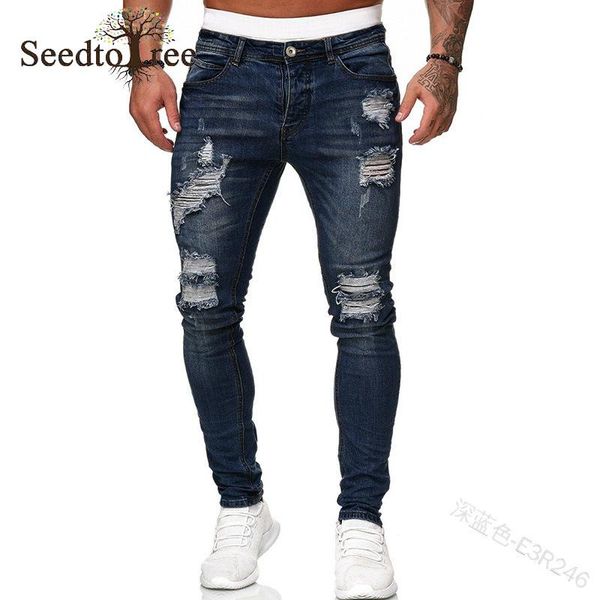 

men's jeans slim ripped denim casual pants men hole pencil, Blue