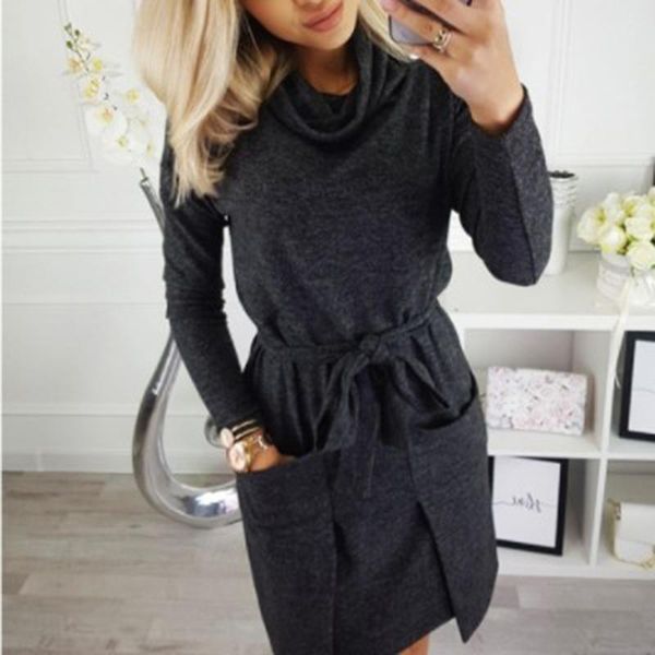 

women dresses with pocket autumn winter loose casual dress female solid color long sleeve turtleneck plus size, Black;gray