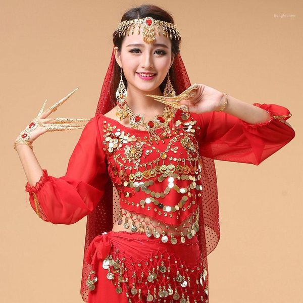 

flower long sleeve belly dance costumes fashion clothing trumpet clothes shirt stage wear, Black;red