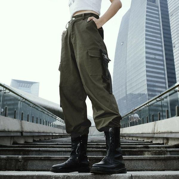 

women's pants & capris 2021 ladies women high waisted cargo solid punk loose long trousers black khaki green, Black;white