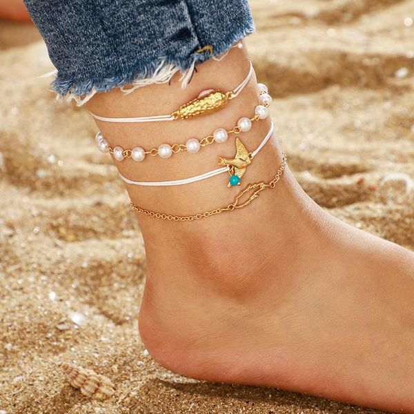 

anklets reilly 2021 women's swallow peanut pearl braided rope gold multi layer 4-piece foot chain for women, Red;blue