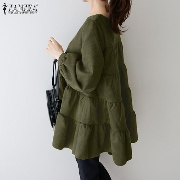 

women's blouses & shirts ruffle zanzea 2021 styluish spring causal puff sleeve blusas female o neck hollow tunic oversized chemise, White