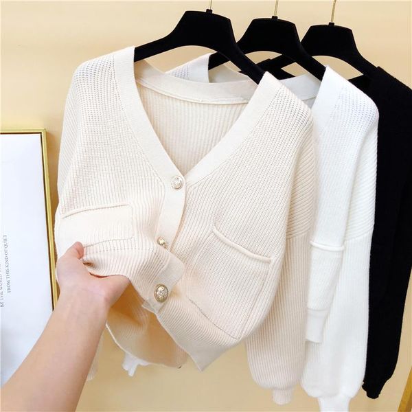 

women's knits & tees loose lazy short cardigan women 2021 autumn winter korean v-neck knitted sweater fashion elegant, White