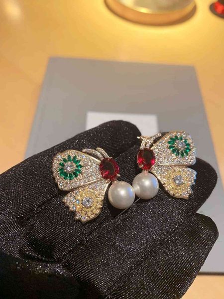 

stud earrings d family pearl colorful treasure butterfly with s925 silver ear nails, Golden;silver
