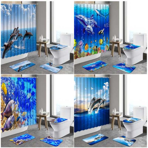 

shower curtains 3d ocean design dolphins bathroom waterproof curtain underwater world non-slip rugs toilet lid cover bath mats