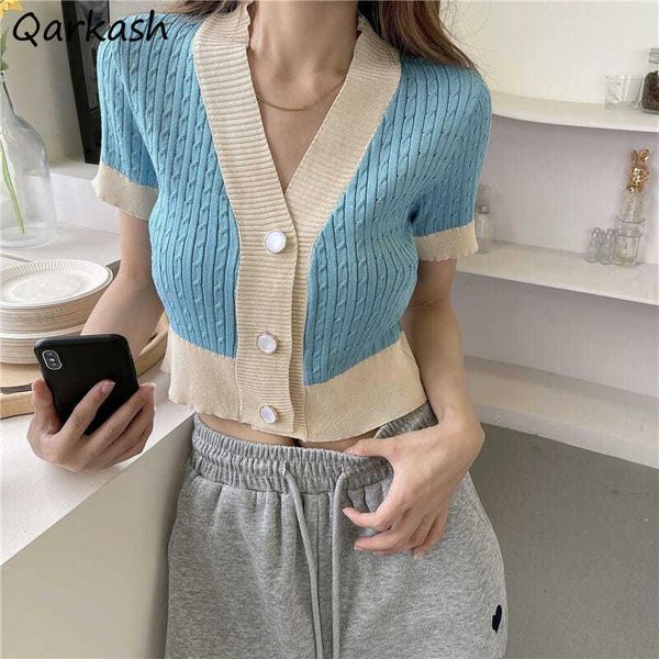 

women's t-shirt t-shirts women single breasted patchwork v-neck simple korean style fashion elegant cropped stretwear chic female muje, White