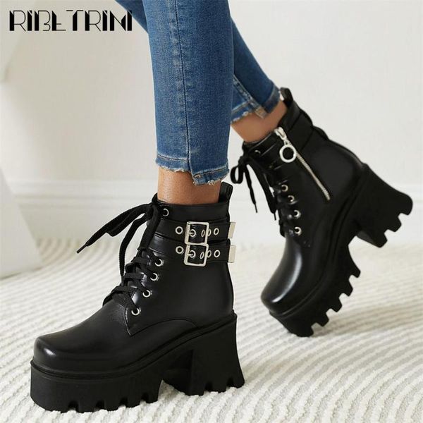 

boots ribetrini brand designer platform chunky heel zipper motorcycle punk women shoeslace buckle metal cool female shoes, Black