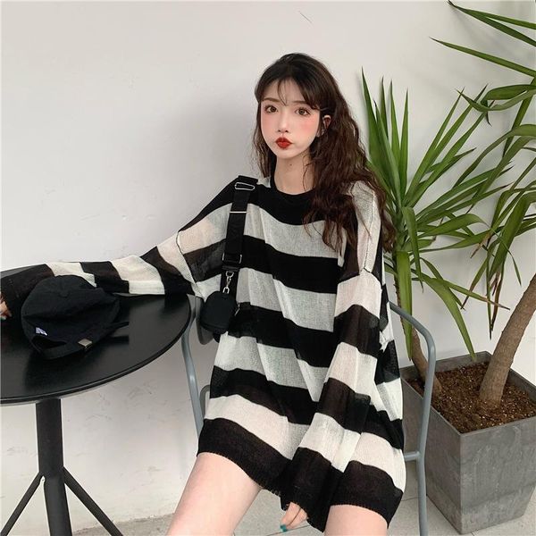 

loose striped long sleeve knitted tees spring autumn korean o-neck oversized t shirt women's clothing perspective ladies t-shirt, White