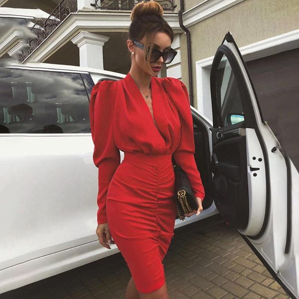 

women dress spring autumn long sleeve deep v-neck solid clothes fashion black red straight bag hip ladies dresses 2021 fall casual, Black;gray