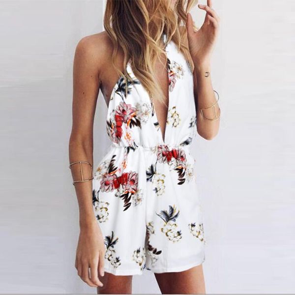 

floral women's shorts jumpsuits sleeveless halter jumpsuit women summer 2021 backless playsuits clothing female ropa mujer d30 & romper, Black;white