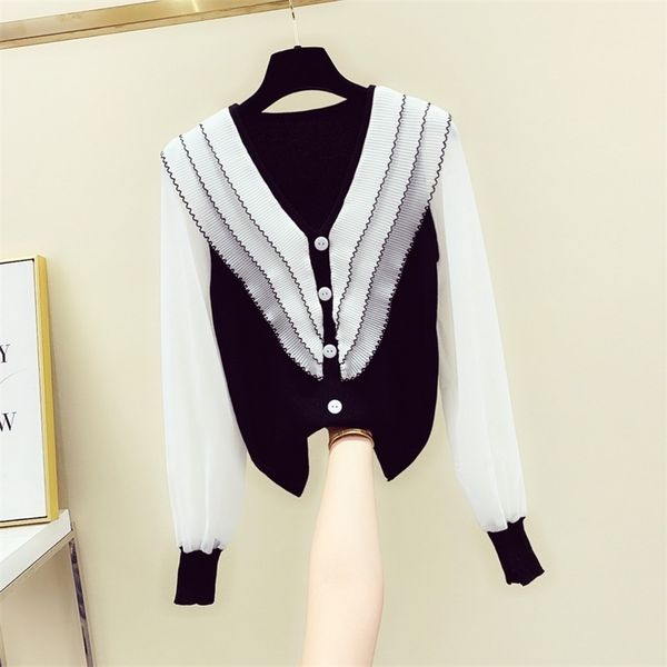 

korean style autumn fashion womens ruffles patchwork v neck knitted shirt female long sleeves blouses shirts a2754 210519, White