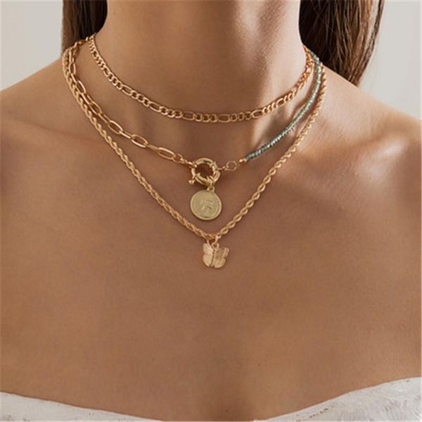 

pendant necklaces 3pcs/set trendy gold color portrait butterfly beaded layered necklace for women girl metal geometric charming, Silver