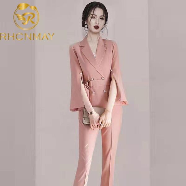 

women's two piece pants autumn suit lace-up breasted belt jacket and long business 2 pieces korean slim work wear blazer set, White