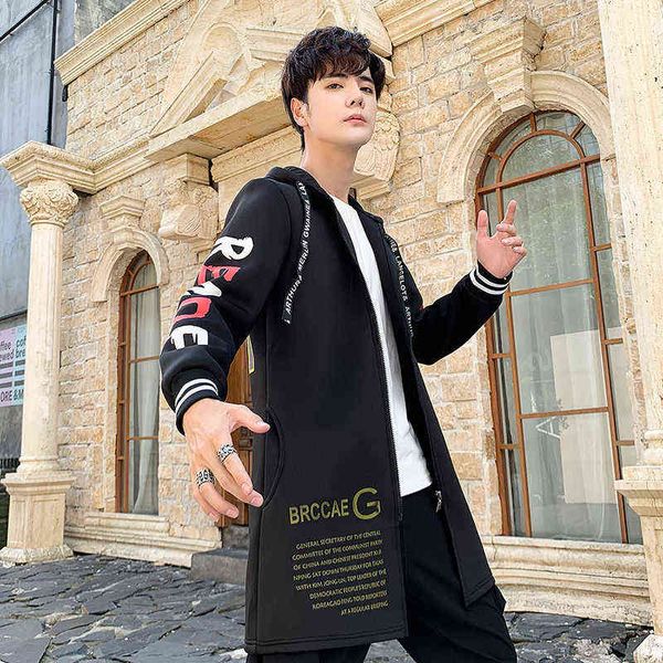 

autumn winter jacket men's loose thick velvet mid-long hooded windbreaker student zip-up trench large size warm, Black