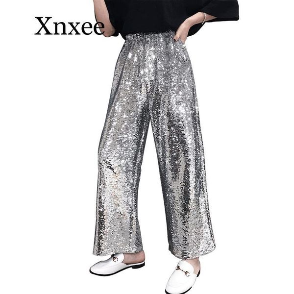 

women's pants & capris sequin trousers wide leg long silver sparkle women elastic high waist flare legs dance pantalones, Black;white