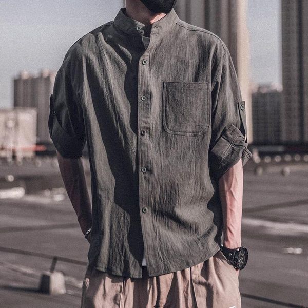 

shirt men summer linen short-sleeved korean version of the trend large-sleeved fat casual loose solid color jacket men's shirts, White;black