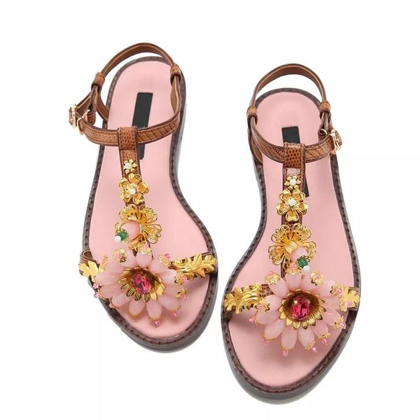 

crystal sun flower t-type flat sandals bohemian rhinestone large size shoes, Black