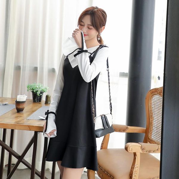 

maternity dresses 6023# dress spring autumn cotton false two-piece loose stylish for pregnant women mom, White