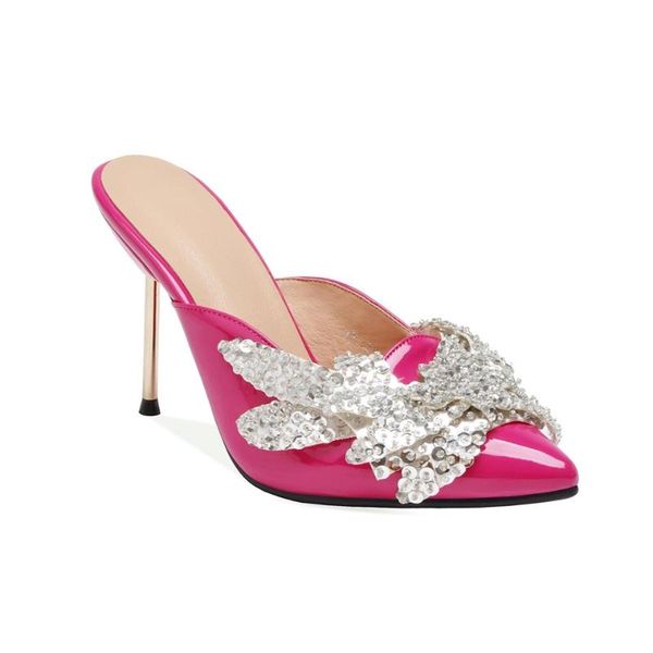 

slippers 2021 spring and summer women's fashion shiny decorative pointed toe 9.5 cm high heel shoes women, Black
