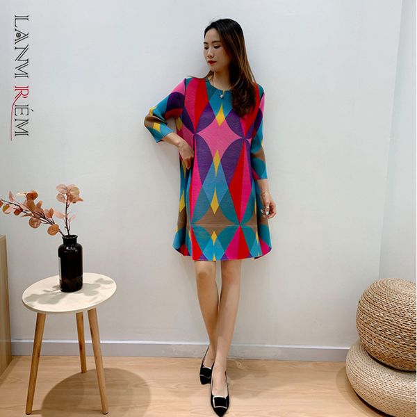 

spring round-neck long-sleeved geometric pattern three quarter sleeve pleated ethnic style dress for women 2a3036 210507, Black;gray