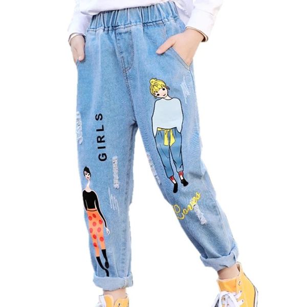 

jeans 2021 fashion cartoon for girls teenage children elastic waist denim pants kids trousers clothes 4-13t, Blue