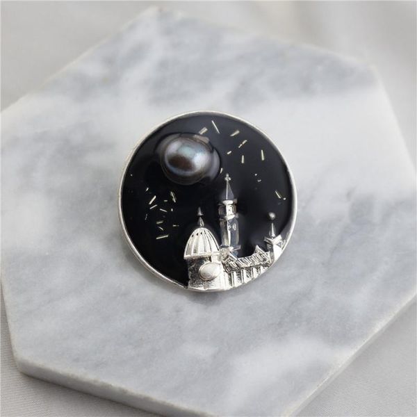 

pins, brooches florence night ~ antique freshwater black pearl gold leaf fragments enamel glaze retro brooch female, Gray