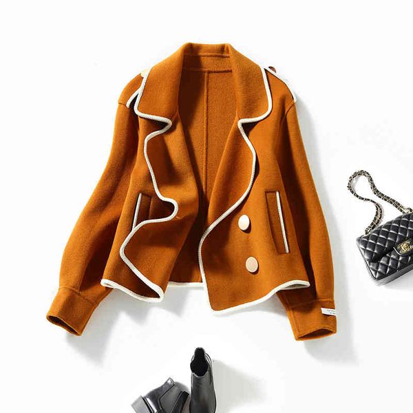 

women's wool & blends autumn and winter double-sided pure wool coat women's short double breasted lapel large women oah5, Black