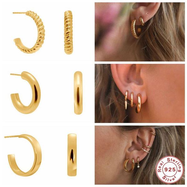 

aide european and american c-shape earrings genuine 925 sterling silver trendy pendientes stud for girls birthday gifts, Golden;silver