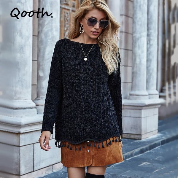 

qooth sweater women loose tassel patchwork long sleeve crochet lovely pullovers o neck jumper women sweaterqt335 210518, White;black