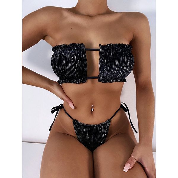 

shiny bikini bandeau ruffle swimsuit 2 piece swimwear woman bathing suit bather beach may female swimming suit brazilian biquini