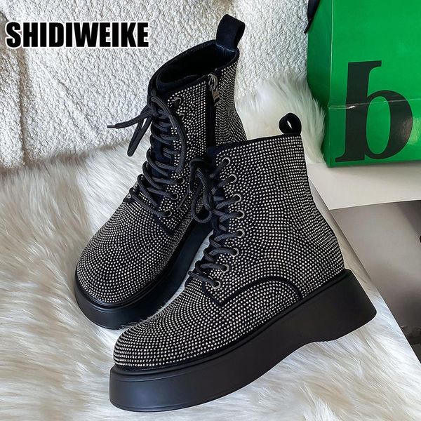 

boots luxurious rhinestone ankle women thick sole round toe lace up crystal botas runway autumn short for ladies, Black