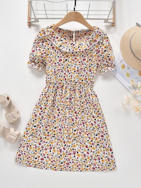 

girls allover floral print ruffle trim puff sleeve dress she, Red;yellow