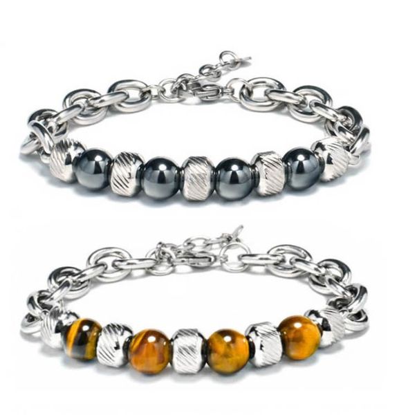 

stainless steel thick chain tiger eye stone bracelet for men strands, Black