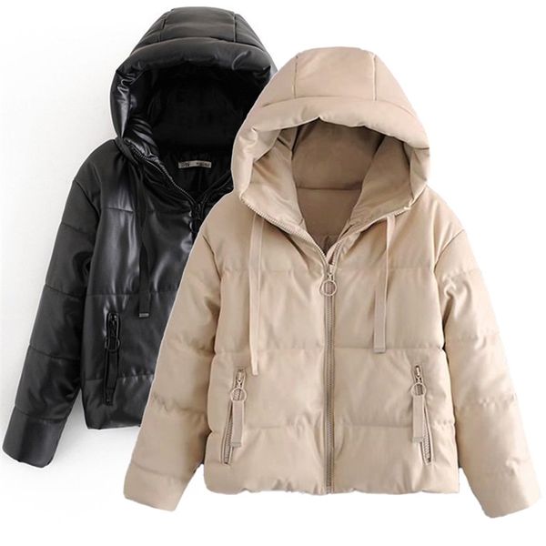 

blingblingee za winter woman parkas traf drop shoulder warm faux pu leather hooded zipper padded jacket casual loose coats 211018, Black