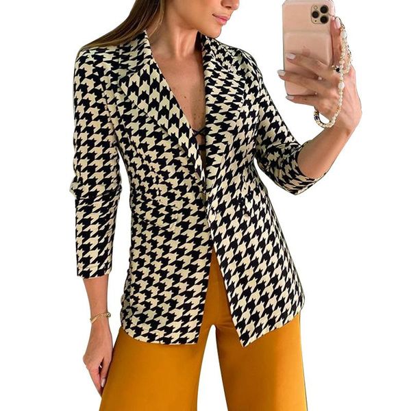 

women's jackets autumn style printed houndstooth jacket design sense female coat, Black;brown
