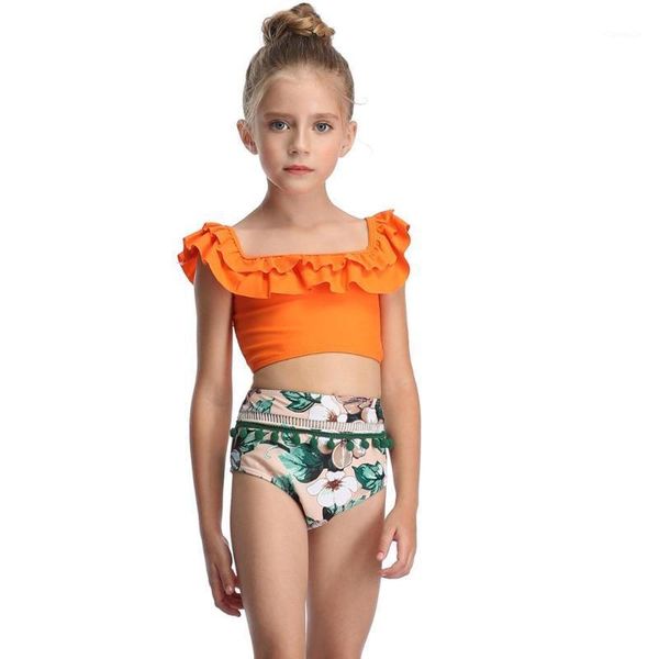 

ruffle sleeveless leaves printed for girls swimsuit fashion beach bikini baby bathing suit children girl rl2, Black