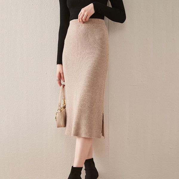 

autumn and winter 100% wool knitted skirt high waist temperament versatile skirting skirts, Black