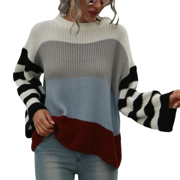 

women patchwork loose casual sweater long sleeve round neck female fashion autumn winter warm pullover jumpers 2021 women's sweaters, White;black