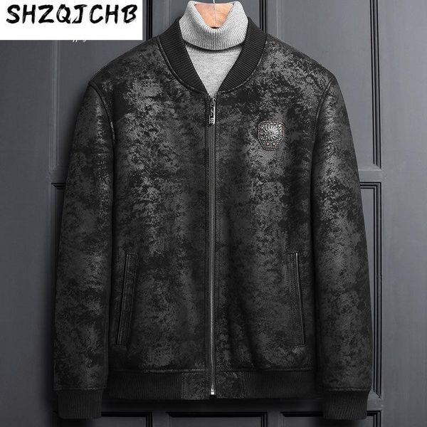 

men's leather & faux shzq winter sheepskin coat fur one jacket thick, Black
