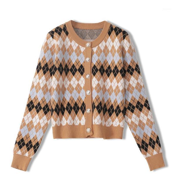 

women's knits & tees women sweater vintage wool cardigan button knitwear outwear khaki argyle plaid jumper warm autumn patchwork, White