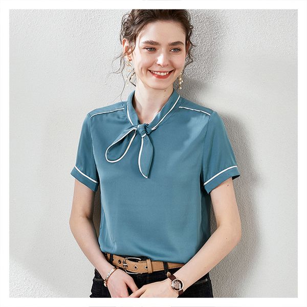 

blouses commuter business wear stand collar short sleeve shirt color-contrasting stripe bow ribbon silk 2021 fashion style, White