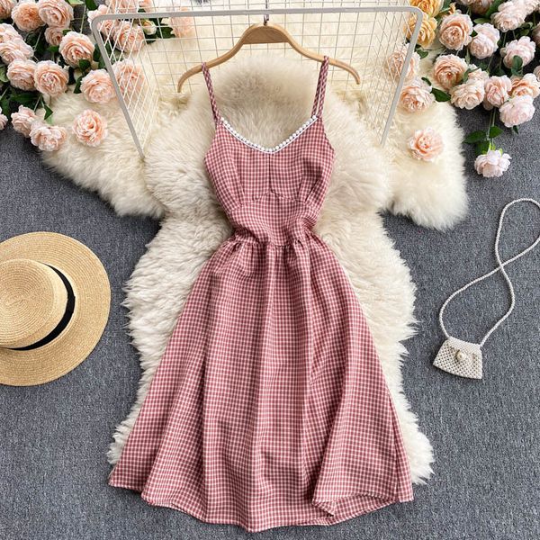 

two piece dress v-neck spaghetti strap summer 2021 vintage plaid print sleeveless high waist a-line casual girls holidays par, White