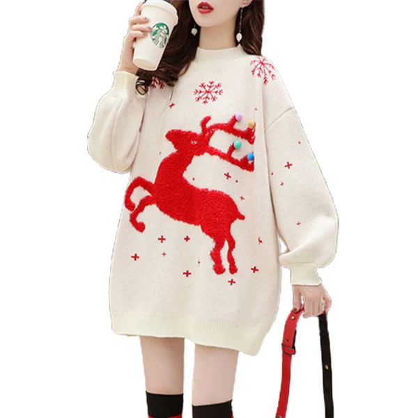 

women's sweaters knit deer christmas pullover o-neck loose sweater long sleeve winter autumn casual elegant woman clothing, White;black