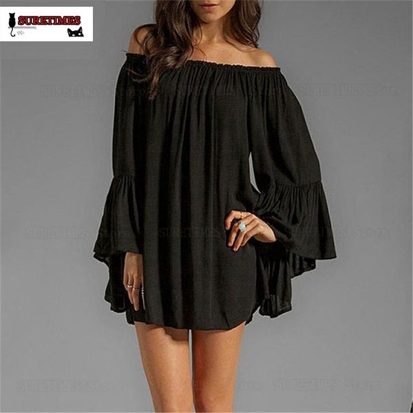 

casual dresses 2021 summer dress women loose slashneck off shoulder flaresleeve femininas vestidos plus size 3xl pink green, Black;gray