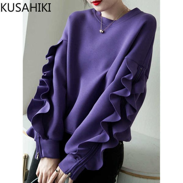

kusahiki spring space-cotton pullover sweatshirt causal zipper ruffle long sleeve women jumper korean o-neck hoodies 6e241 210602, Black